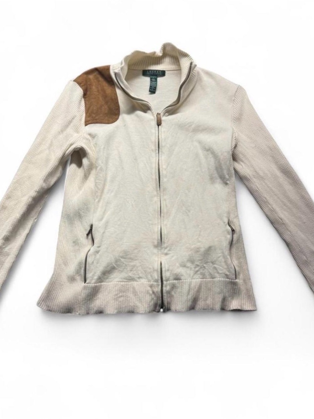 Lauren Ralph Lauren Cream Zip-Front Bomber Jacket with Brown Shoulder Patch